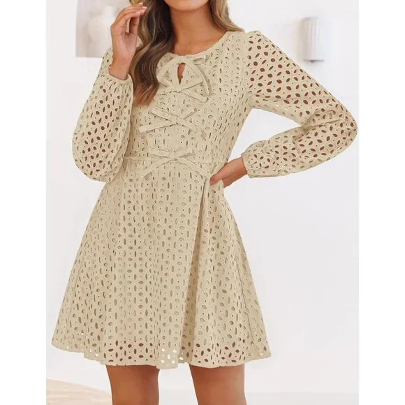 Women's Long Sleeve Mini Dress Viscose Fall Casual Tie Front Eyelet - Picture 3 of 7